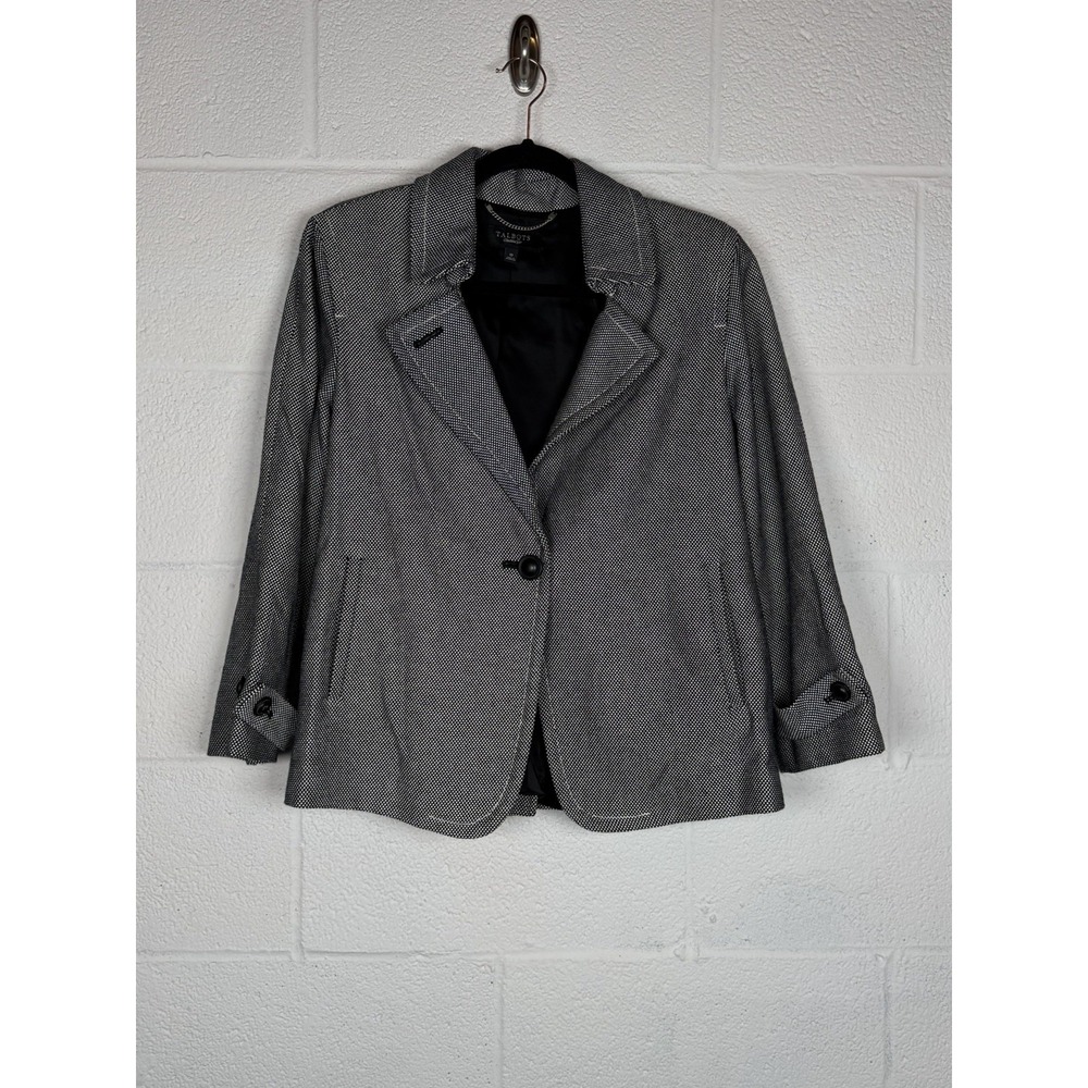 Talbots Women's Cotton Blend Blazer Jacket Size 10 Black White Micro-Check Lined